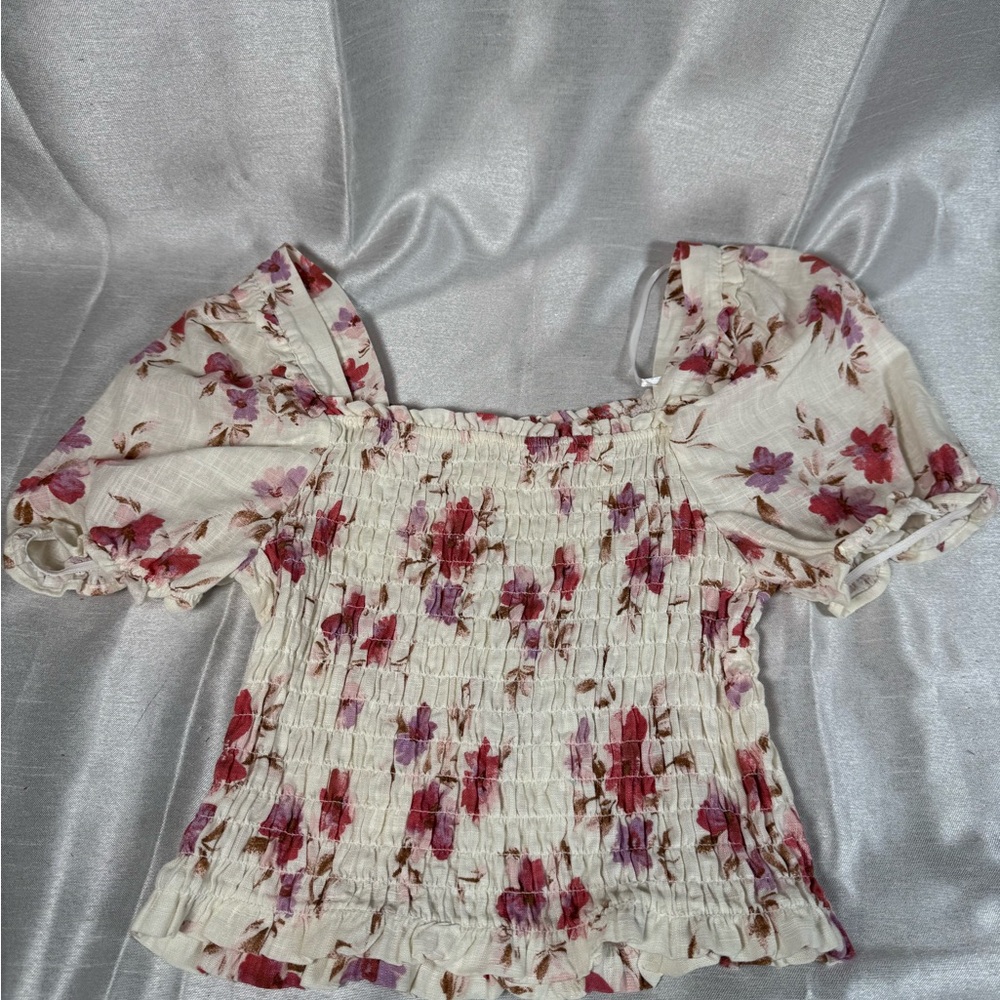 Monteau Floral Smocked Square Neck Puff Sleeve Top Ivory Red Purple XL